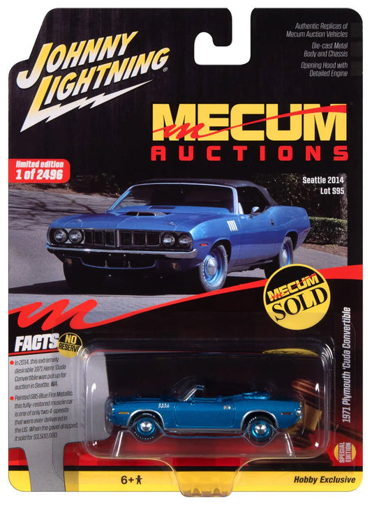 Auto World JLSP375 1/64 Johnny Lightning Mecum 1971 Plymouth Cuda Convertible - Blue Fire metallic - Stranger - tings.co.uk