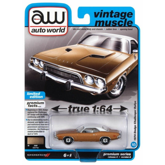 AW64382A - 5 - 1/64 AUTOWORLD PREMIUM ASSORTMENT 2022 RELEASE 4 SERIES A 1974 DODGE CHALLENGER RALLYE GOLDEN HAZE WITH FLAT WHITE VINYL ROOF - Stranger - tings.co.uk