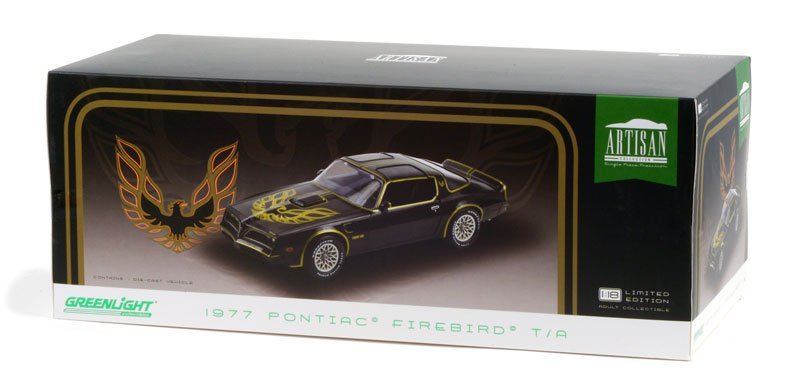 Greenlight 19098 1/18 Artisan Collection - 1977 Pontiac Firebird Trans Am - Starlite Black with Golden Eagle Hood BAY1 - Stranger - tings.co.uk